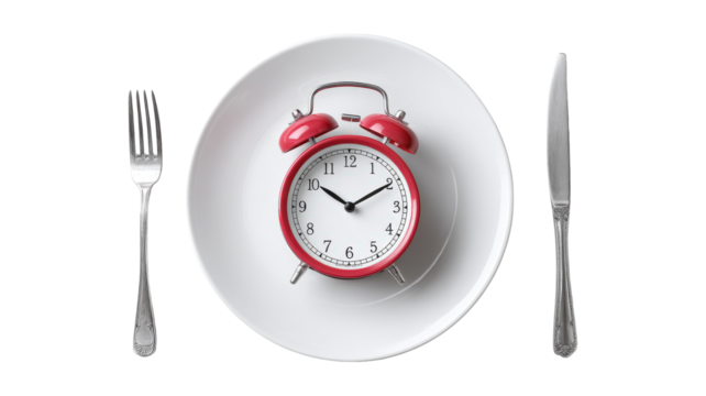 Intermittent fasting, lunchtime diet, and weight loss concept,t dinner plate with a fork and a knife as an alarm clock