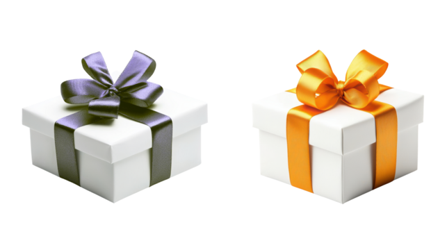 White gift boxes with elegant bows, one with black ribbon and other with orange ribbon, on transparency background - Powered by Adobe