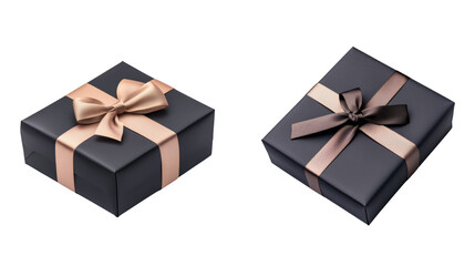 Two elegant gift boxes with satin ribbons, one with gold bow and other with brown bow, on transparency background