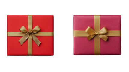Two beautifully wrapped gift boxes with gold ribbons, one red and one pink, evoke festive and joyful atmosphere