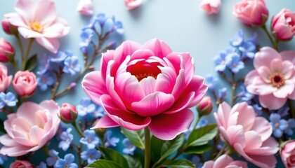Obraz premium Vibrant Pink Peony with Blue Floral Background