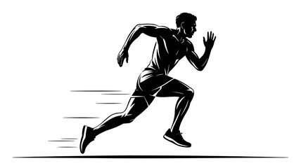 Dynamic silhouette of a male athlete sprinting, powerful runner in motion, strong muscular build, speed and athleticism concept, black and white illustration