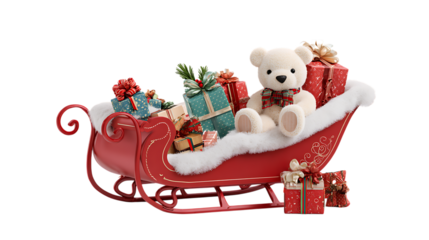 White teddy bear in a red sleigh with christmas gifts isolated on transparent background.