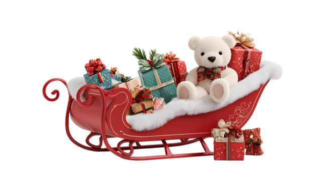 White teddy bear in a red sleigh with christmas gifts isolated on transparent background. - Powered by Adobe