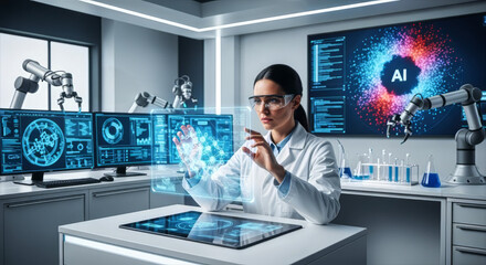 A scientist in a lab interacting with holographic display surrounded by monitors and robotic arms visible