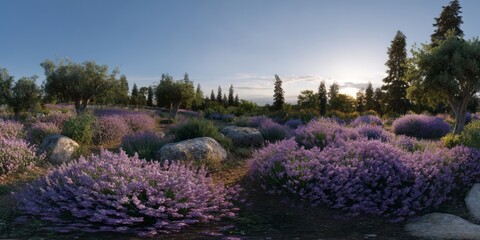 Scenic lavender fields nature panoramic hdr view