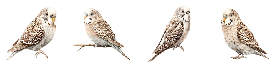 Naklejka premium Watercolor Illustration: Set of Four Budgerigars in Various Poses on a White Background