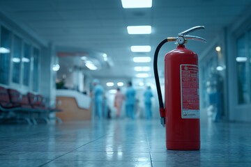 Red fire extinguisher in a hospital corridor with blurred doctors and nurses in background. Concept for emergency preparedness, workplace safety and healthcare facility guidelines