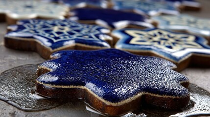 Star shaped cookies with blue and white icing on a neutral surface.