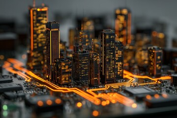 Miniature glowing city on a circuit board with orange light trails showing data flow. Concept for smart cities, future technology, and digital infrastructure