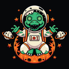 Zombie T Rex Astronaut in Outer Space Cute Character Illustration