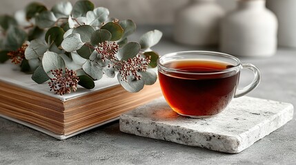 Tea in glass cup on book with plant on marble surface still life.