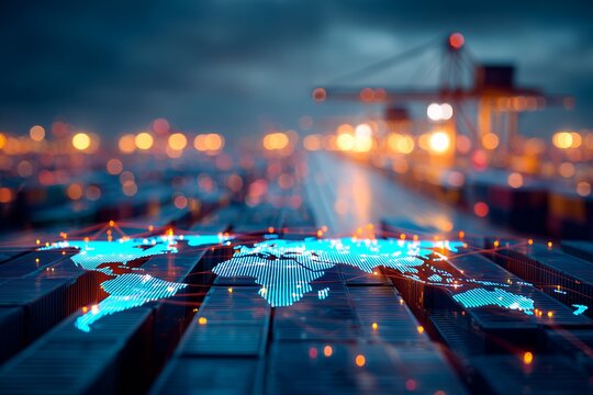 Digital world map glowing on shipping containers at port with bokeh lights in background. Concept for global logistics, supply chain visualization and international trade network - Powered by Adobe