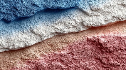Abstract textured layers in shades of blue white and red close up.