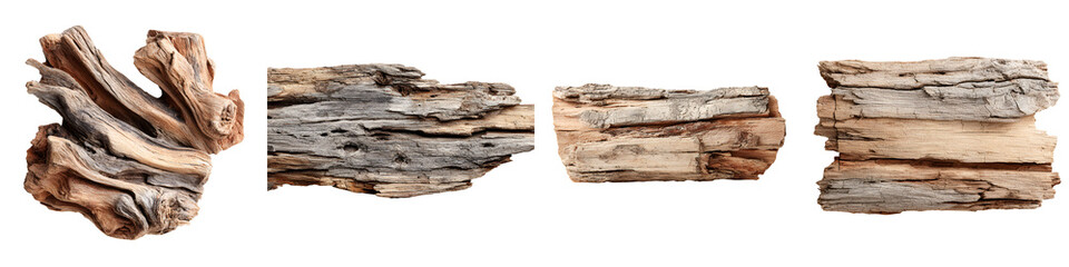 Driftwood Collection: Four Pieces of Weathered Wood on White Background