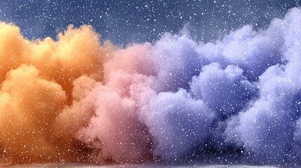 Abstract colorful fluffy clouds with a dark background and rain or snow.