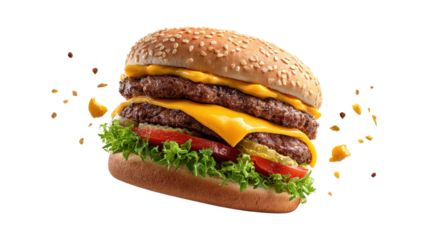 Maxi hamburger, double cheeseburger with flying ingredients isolated on a white background