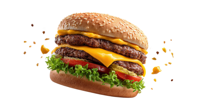 Maxi hamburger, double cheeseburger with flying ingredients isolated on a white background