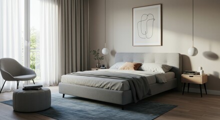 Modern Bedroom Interior with Bed Art and Curtains.