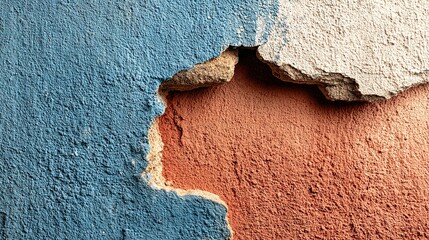 Close up of peeling paint showing layers of blue orange and white.