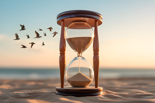 Time's Passage: A captivating image of an hourglass standing on a beach with birds flying toward horizon, symbolizing the fleeting nature of time and life.