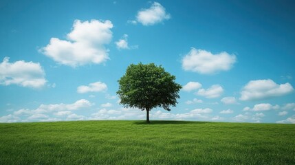 Single tree on a grassy hill under a blue sky