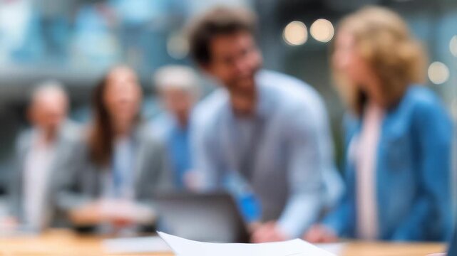 Medium shot of a stakeholder reviewing API quality standards report focused on document with blurred team members collaborating behind.