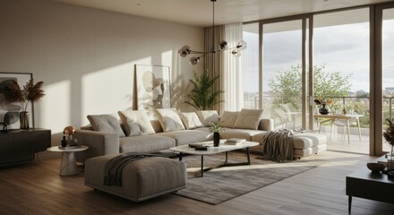 Fototapeta premium Modern Living Room Interior with Large Sofa and Balcony View.