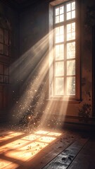 Fototapeta premium Sunlight streams through a large window, illuminating dust motes dancing on a weathered wooden floor in a darkened room.