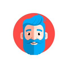 Vector art of stylized illustration of a mans face with a blue beard and mustache, set against a red circular background