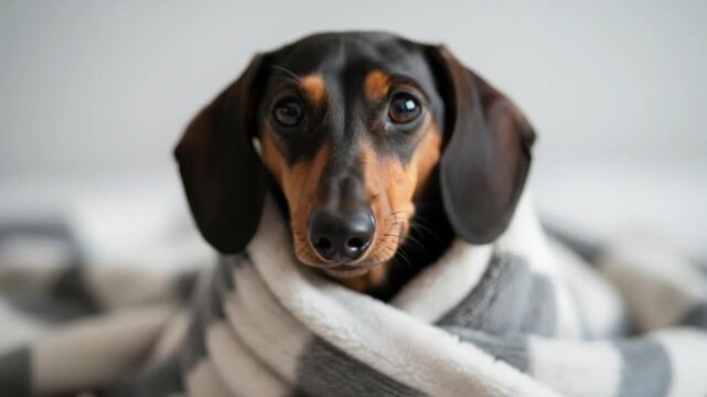 Cozy dachshund snuggles in blanket