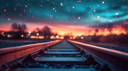 Night train tracks, sunset, city lights, tranquil, background stars, stock photo, travel, railway