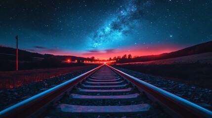 Night train tracks, milky way, vibrant sunset, landscape, travel, peaceful, starry sky, photo opportunity