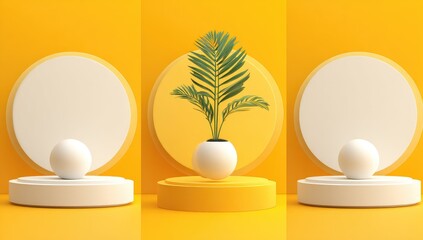 Minimalist 3D render of yellow and white platforms, spheres, and a small potted plant