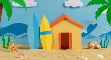 Beach Scene with Surfboard Hut and Shell