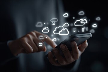 Close-up of hands holding a phone with cloud-based icons