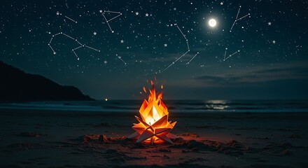 Paper Fire on Beach Under Starry Night Sky