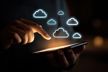 Person interacting with glowing cloud icons on a phone