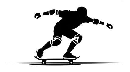 Fototapeta premium Silhouette of skateboarder performing a trick, dynamic action pose, extreme sports, black and white illustration, graphic design element, active lifestyle, skater, skateboarding, action, sport, silhou