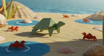 Origami Turtle and Crab on Beach