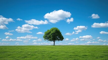 Obraz premium Solitary tree on a grassy plain, a serene sky