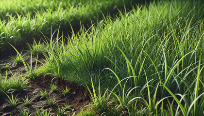 Natural Grass Growth on Earth Soil with Sunlit Fresh Green Blades