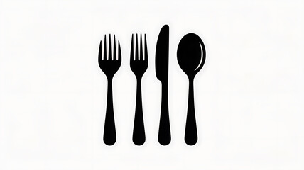 Simple black and white illustration of fork, knife and spoon cutlery set against a white background, perfect for restaurant menu design, food blog, or cooking website