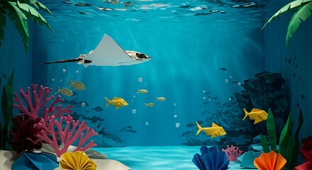 Stingray Under Water with Corals and Fish