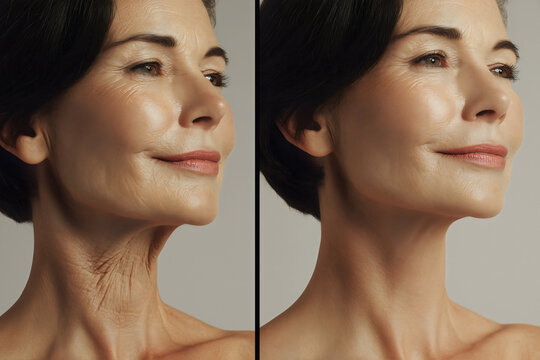 Mature woman before and after neck lift cosmetic surgery procedure showing dramatic skin tightening and anti-aging transformation results.