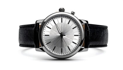 A stylish silver-faced wristwatch with a black leather band is presented against a plain white background.