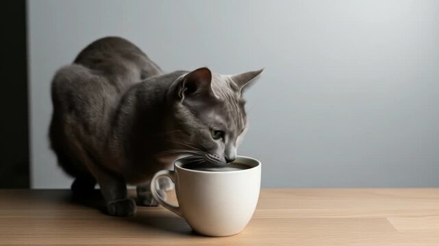 Curious feline investigates steaming coffee mug