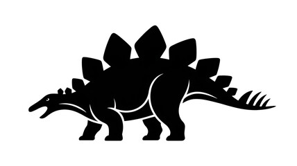 Naklejka premium Stegosaurus dinosaur silhouette, black and white vector illustration, prehistoric reptile icon, extinct animal, side profile view, isolated on white background