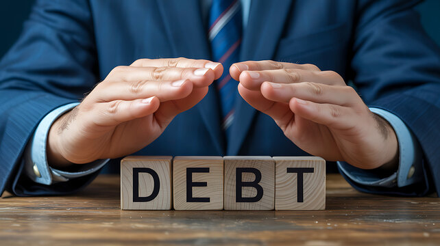 Businessman s hands protectively hovering over wooden blocks spelling out the word debt