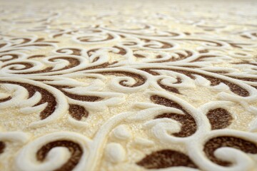 Close-up of a cream-colored carpet with intricate, patterned, dark brown swirls and leaves